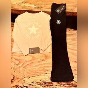 Converse Chuck Taylor 2 Piece Outfit Set Tan Shirt & Black Flare Pants NWT